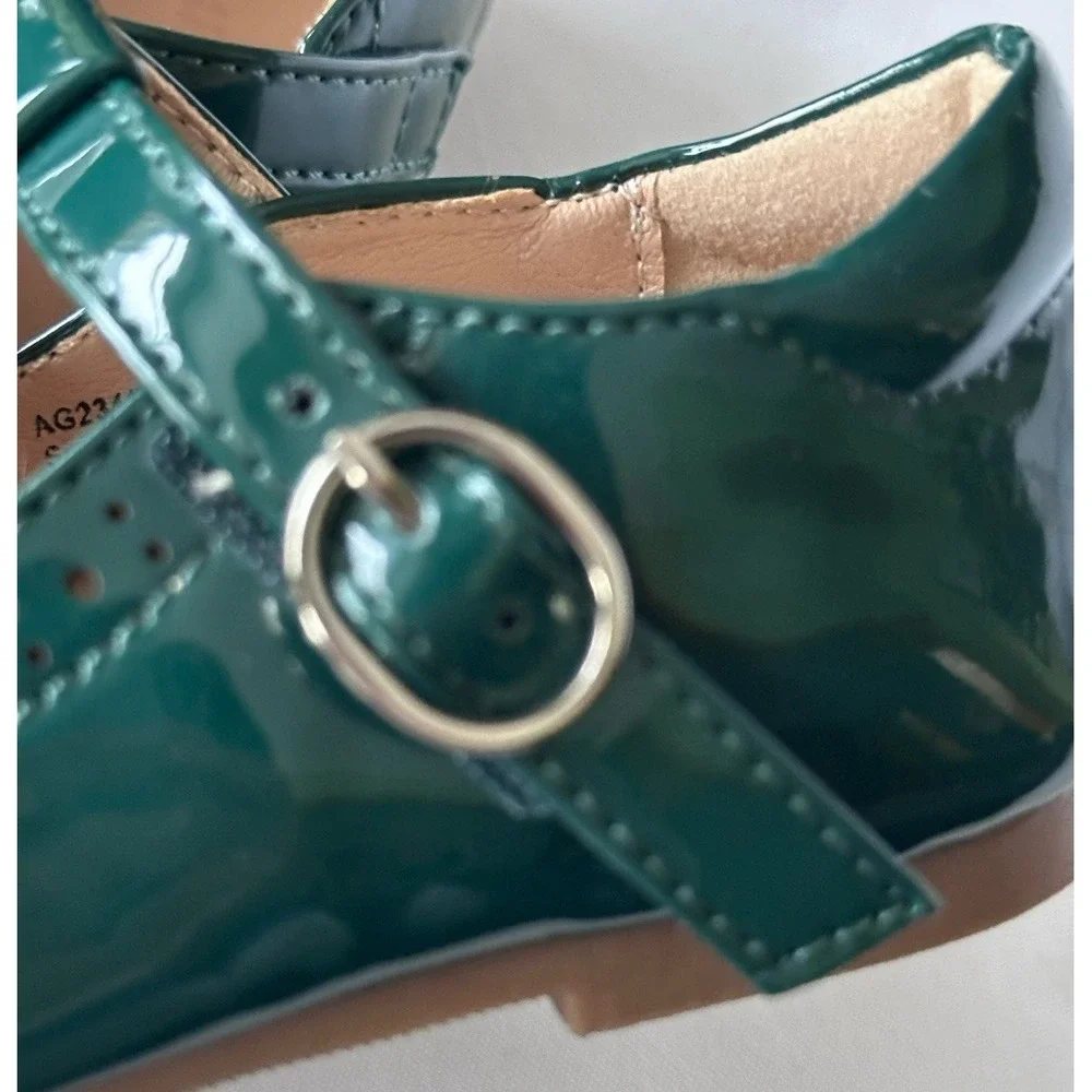 thee bron Dark Green Faux Patent Leather‎ Mary Jane Style Shoes Girls 9 EUC
